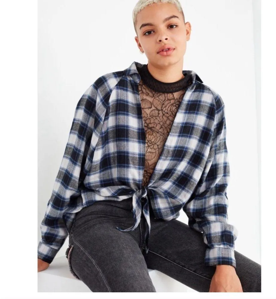 BDG Urban Outfitters Womens Medium New Blue Tie Front Festival Flannel Shirt Top - Image 4