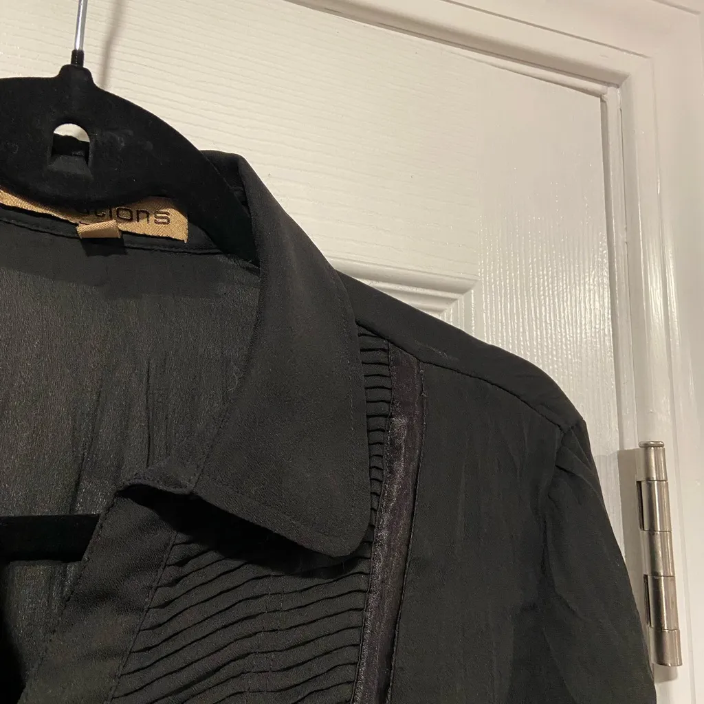 Notations Size S Black Sheet Pleated Satin Trim Button Front Ruffle Blouse - Image 9