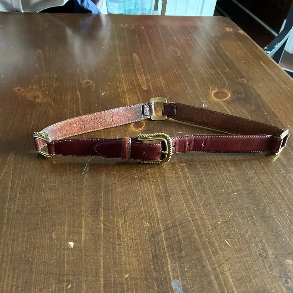 Fossil Gold Metal Brown Leather Belt. Size Medium. - Image 13
