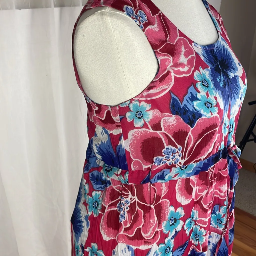 CW Classics Tiered Midi Dress Floral Tropical Cinch Tie Waist Cotton Large Vtg Blue - Image 4