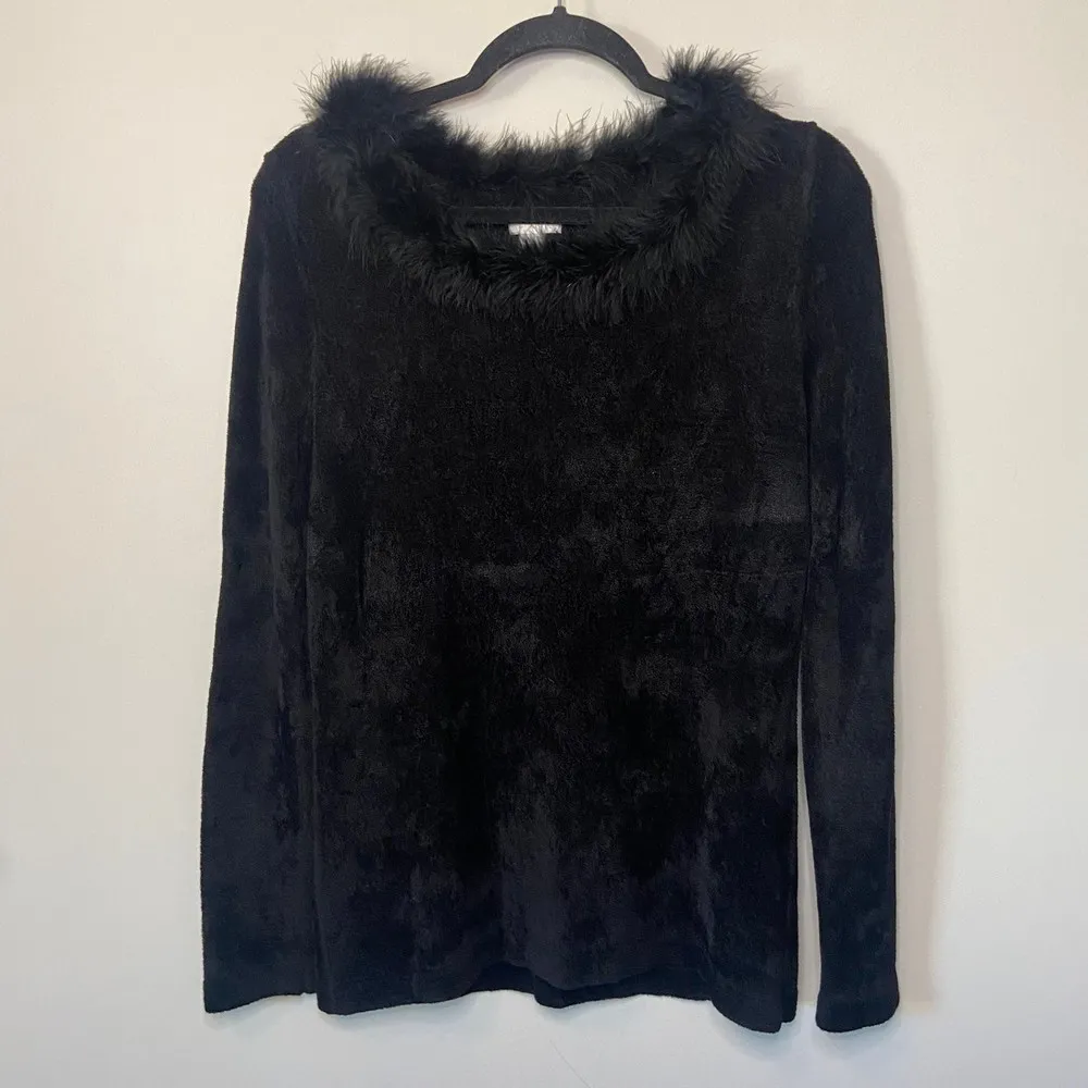 Chicos Black Velvet Feather Trim Long Sleeve Top Size Small - Image 4
