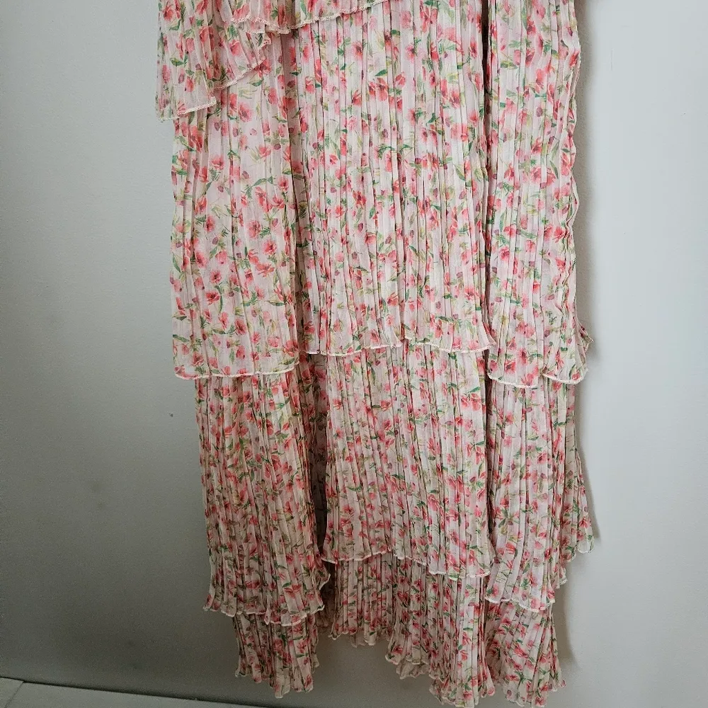 Something Navy Dress Floral Pleated Tiered Cream Multi Maxi Midi Garden Party - Image 9