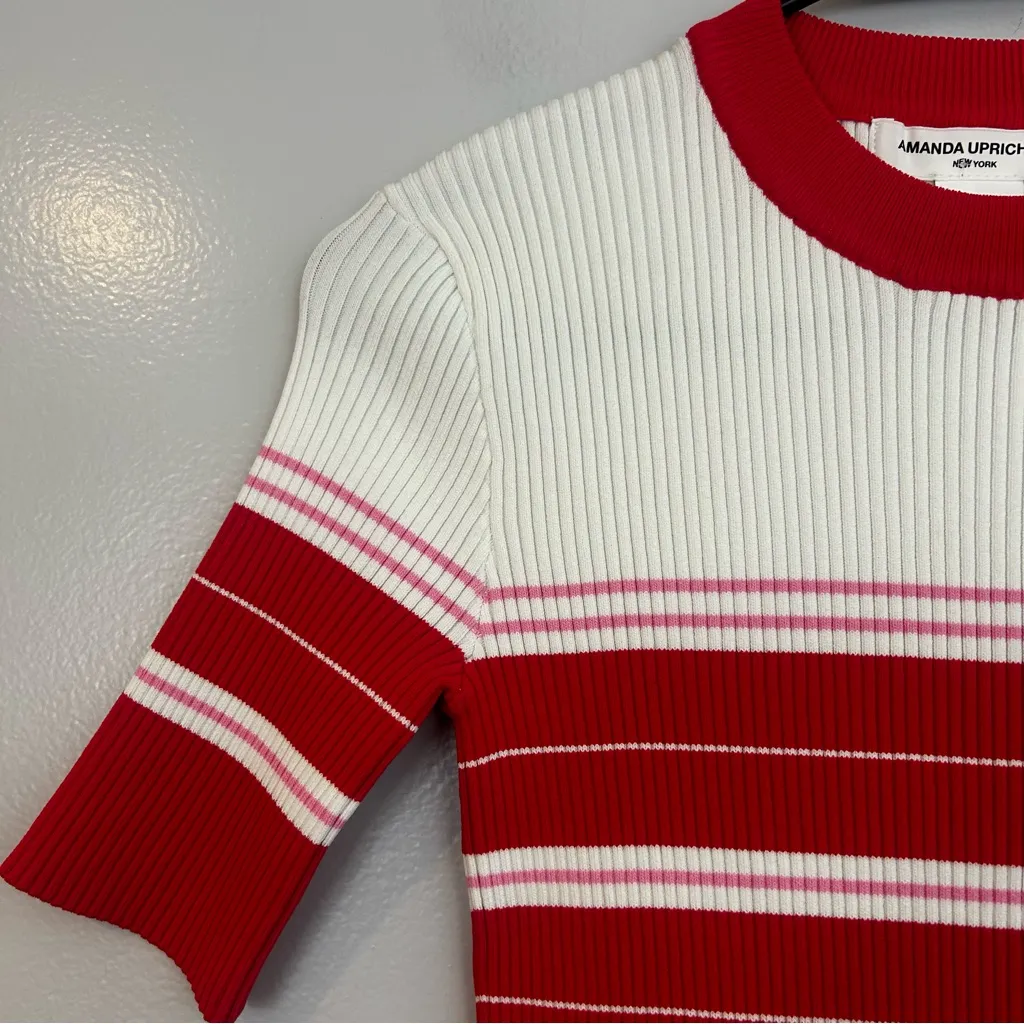 NWT Amanda Uprichard Red/Pink Ribbed Striped Short Sleeve Bodycon Mini dress - Image 4
