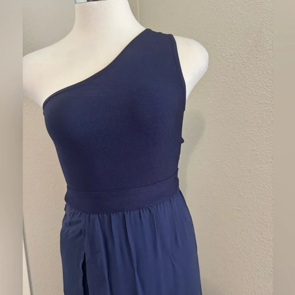 Stretta One Shoulder Navy Blue Sheer Silk Skirt Elastic Dress Underneath Size XS - Image 4