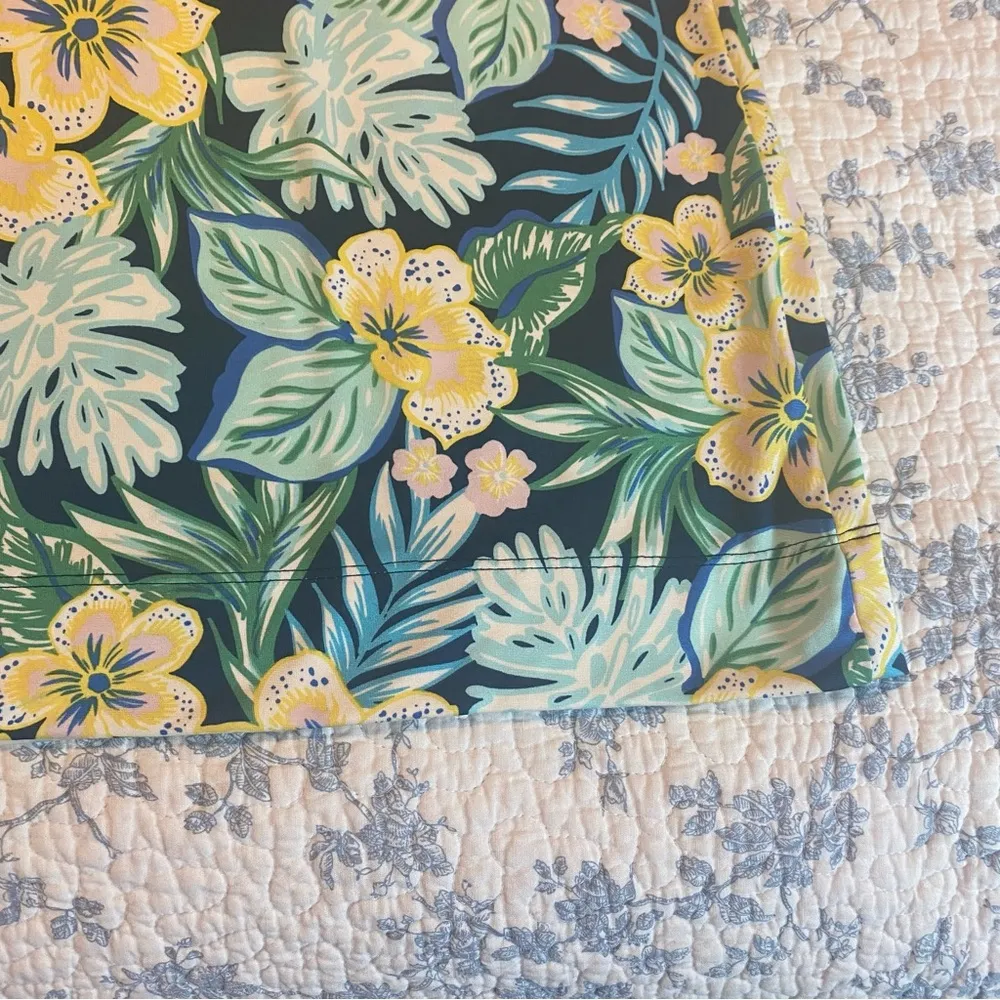 Stella Parker Mock Neck Yellow and Navy Tropical Print Sun Dress Size Large Blue - Image 6