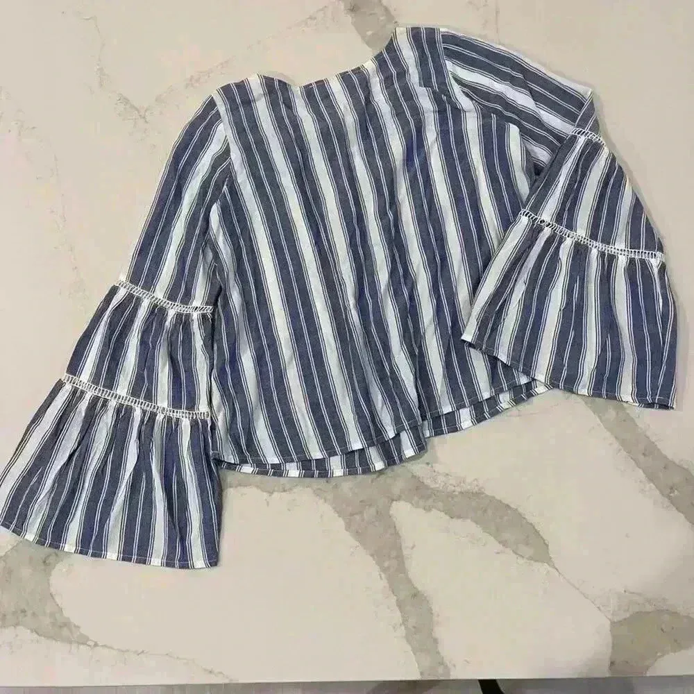 Hollister Blue White Striped Bell Sleeve Crop Shirt Women's XS Boho Embroidered - Image 5