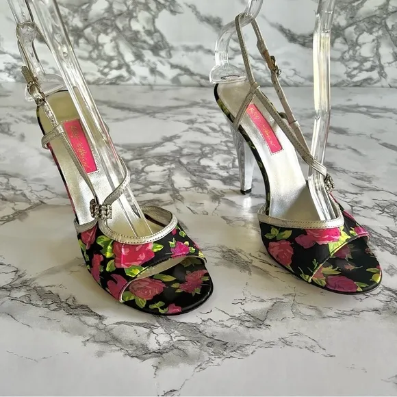 Betsey Johnson Sandals Black Silver Floral Rhinestone Strappy 8 - Image 3
