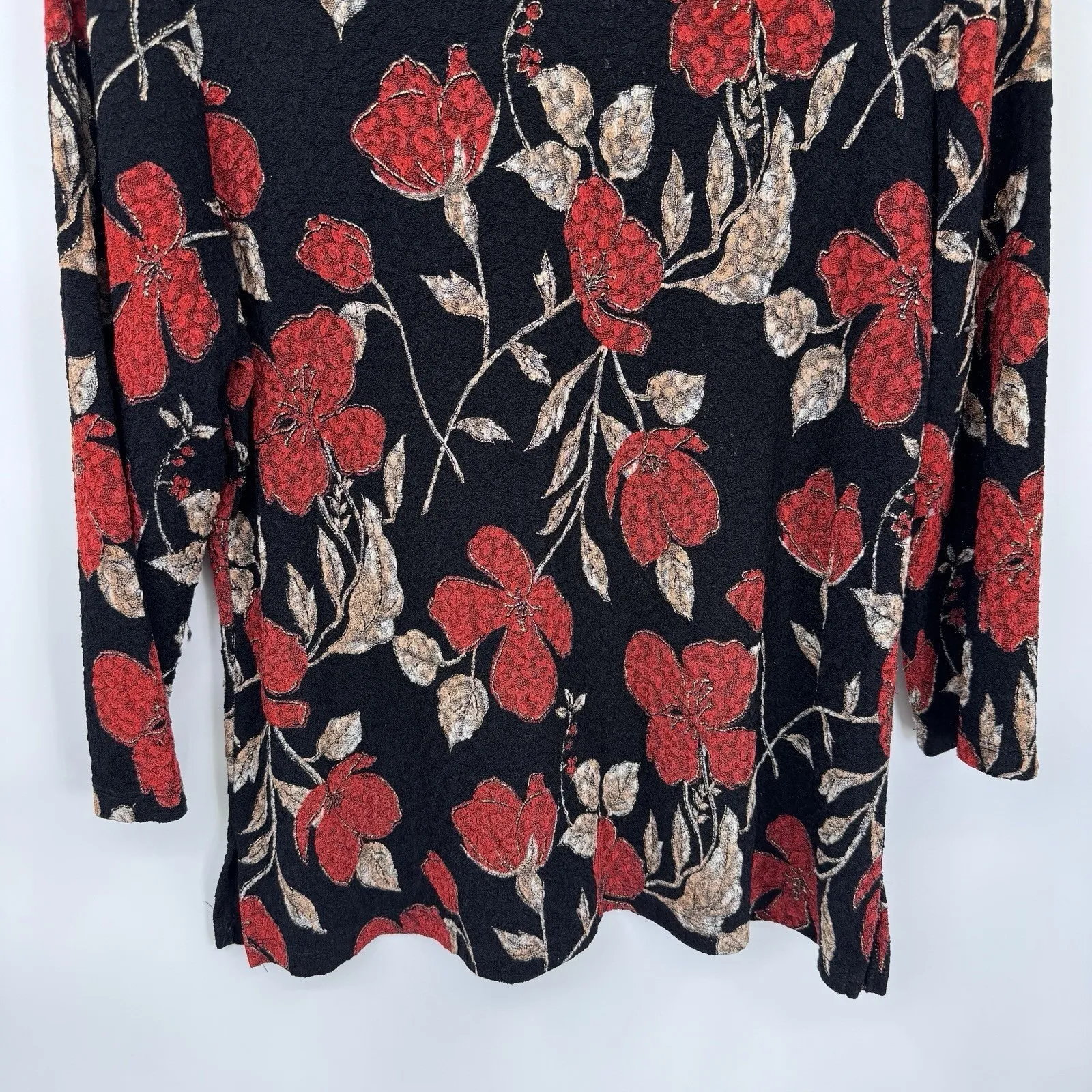 Vintage Notations Top Womens XL Black Red Flower Whimsigoth Vamp Fall Textured - Image 3