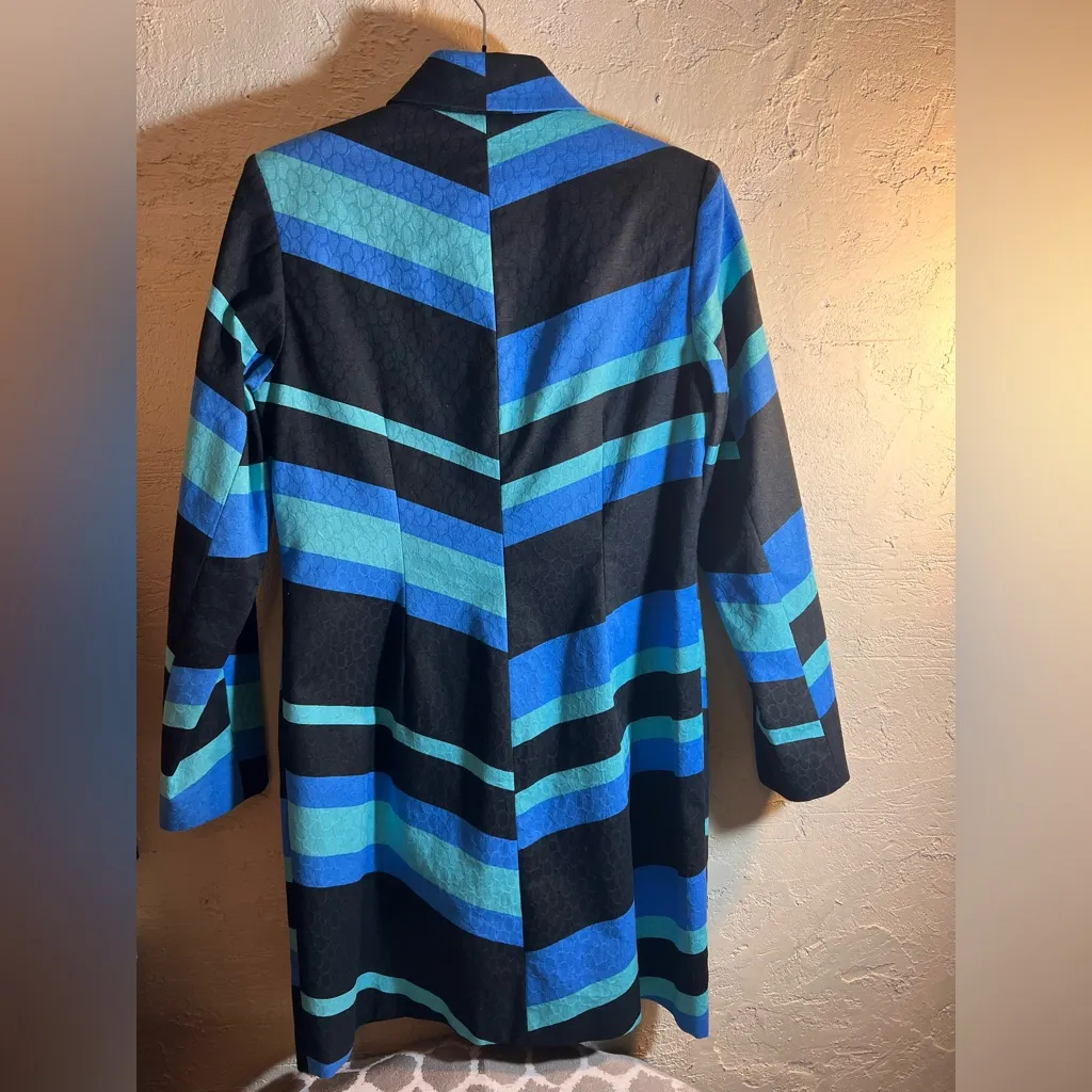 Vesti Multicolor Striped Trench Coat pockets button front black blues collar 8 - Image 10