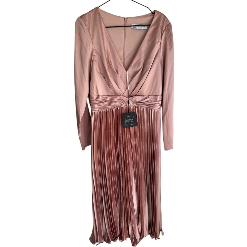 Ieena for Mac Duggal 10 Pink 27148‎ Satin Long Sleeve V-Neck Dress Pastel Midi - Image 4