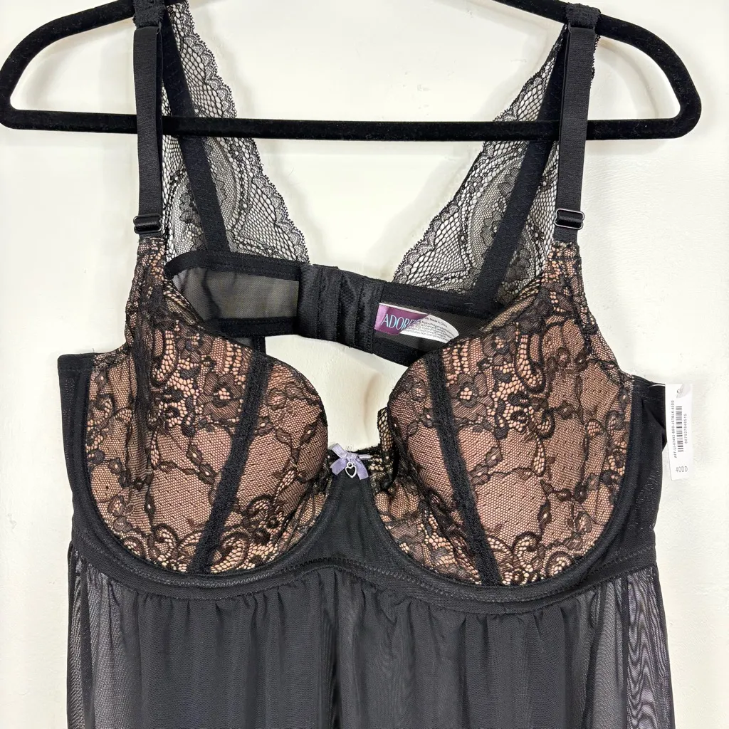 Adore Me Black Lace Babydoll Teddy Size 40DD Lingerie Underwire - Image 2