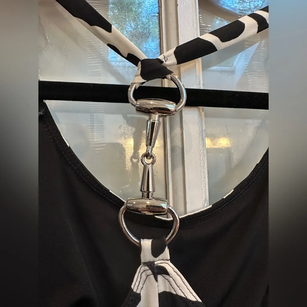 Vintage Cache Black & White Giraffe Print Dress Snaffle Horse Bit Metal Size 2 - Image 5