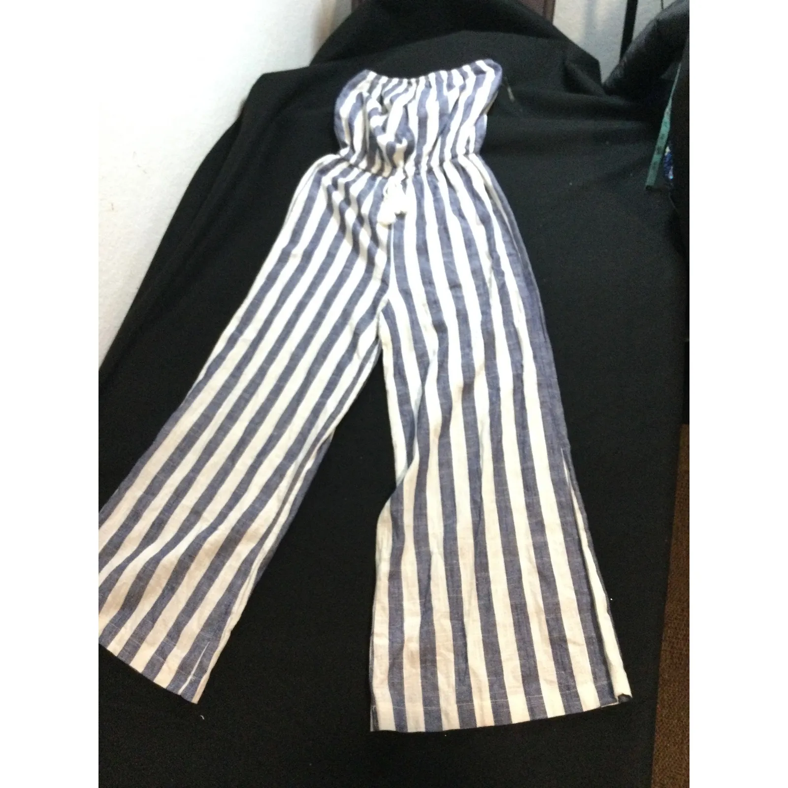 Striped Jumpsuit Strapless Wide LegDrawstring Waist Beach Casual Summer Romper S Blue - Image 7