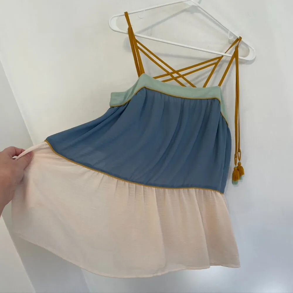 ANN TAYLOR LOFT Poolside Peplum Cami Cream Beige Blue Tassel Strappy Tank Blouse - Image 12