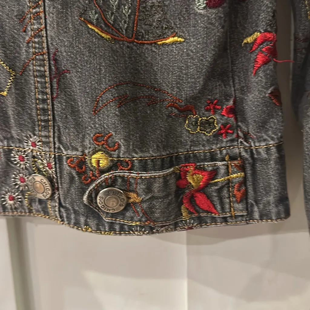 Chico's Gray Jean Jacket with Red and Yellow Embroidery - Image 7
