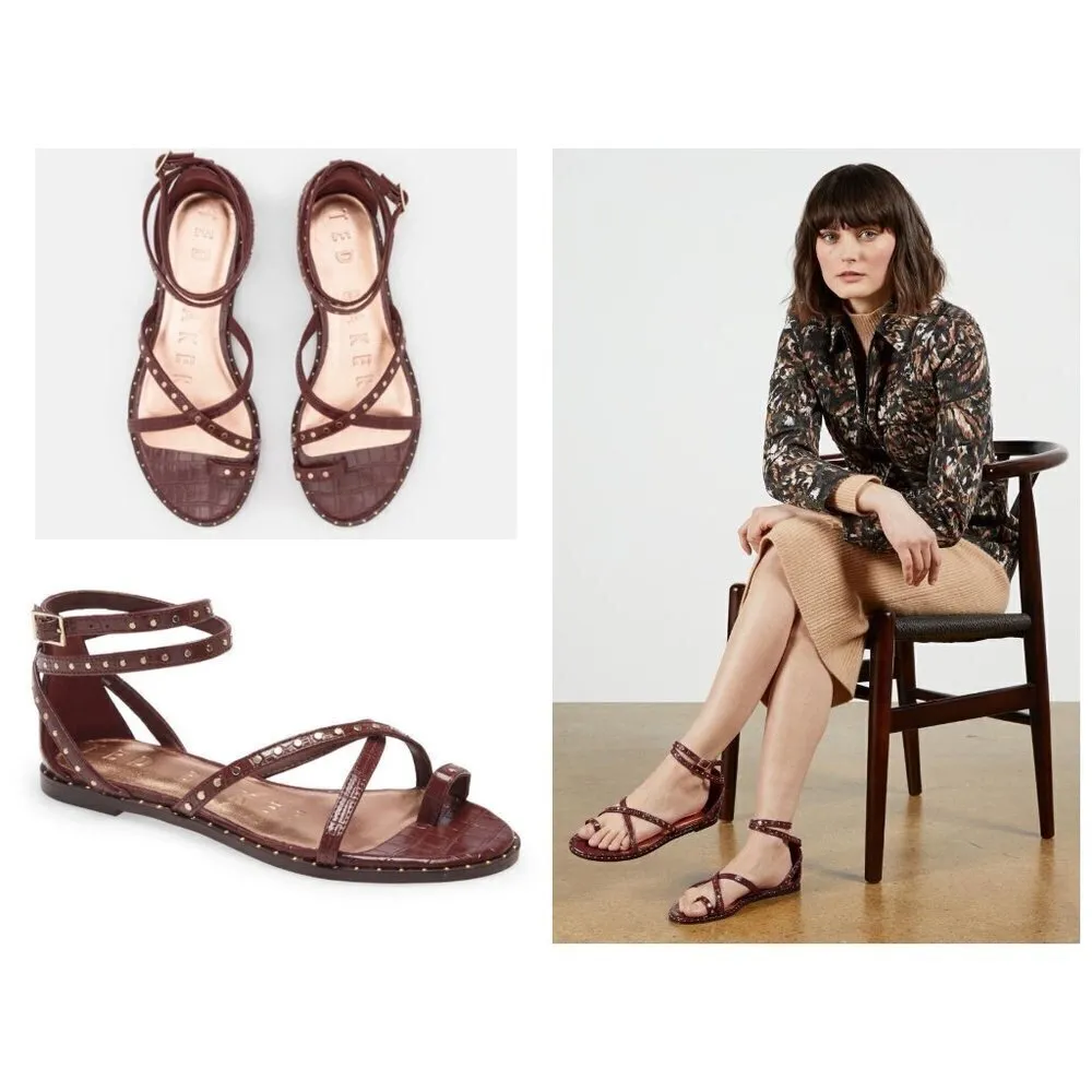💕TED BAKER LONDON💕 Mathar Flat Studded Gladiator Sandal ~ Dark Brown 38.5 NWT - Image 2
