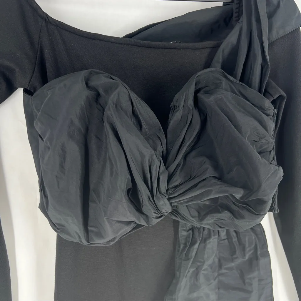 NA-KD Black Smocked Cotton LayeredOff The Shoulder Long Sleeve‎ Top Size S - Image 2