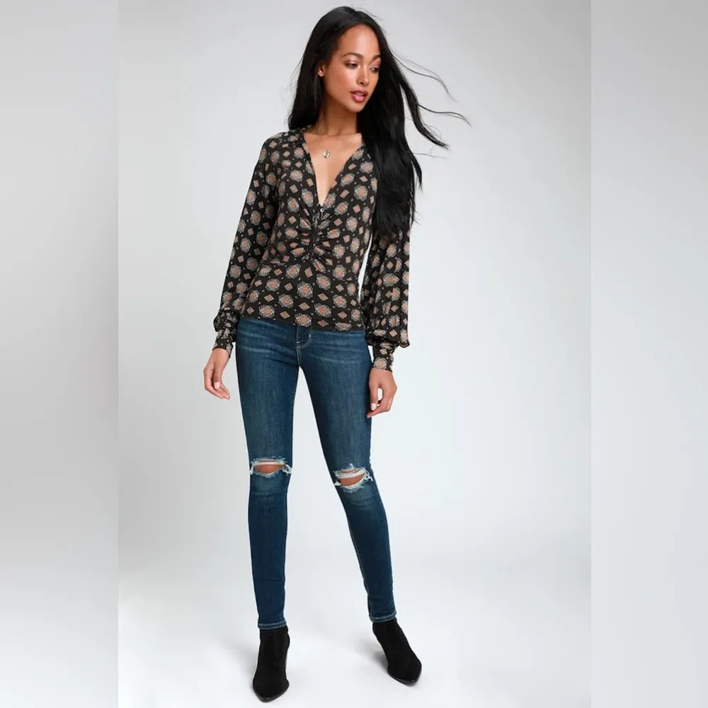 Free People - Sydney's Party Washed Black Print Long Sleeve Blouse Size Small - Image 3