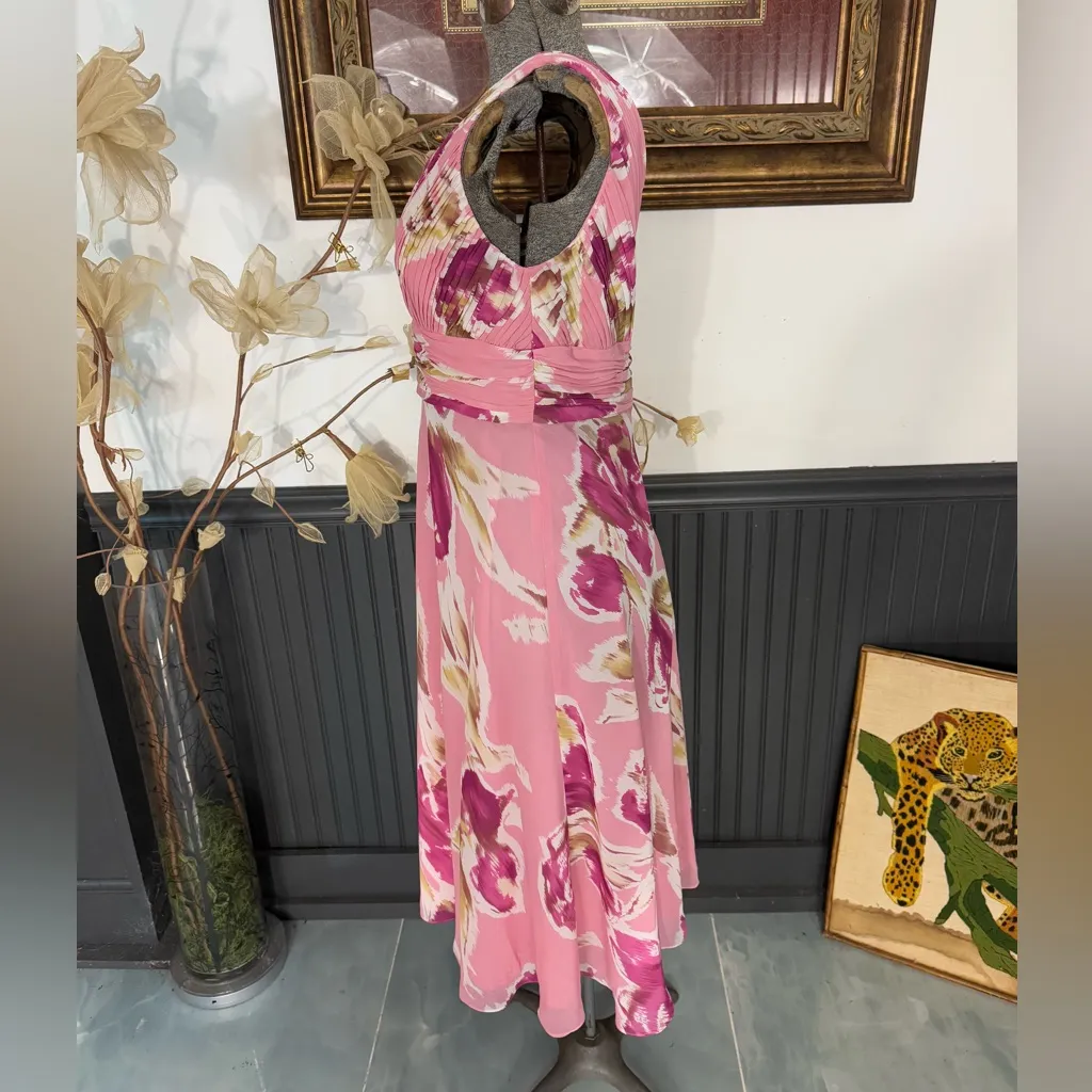 VNTG Adriana Papell Pink Watercolor Floral Pleated Top Chiffon Dress ~ Sz 10 💛🍄 - Image 3