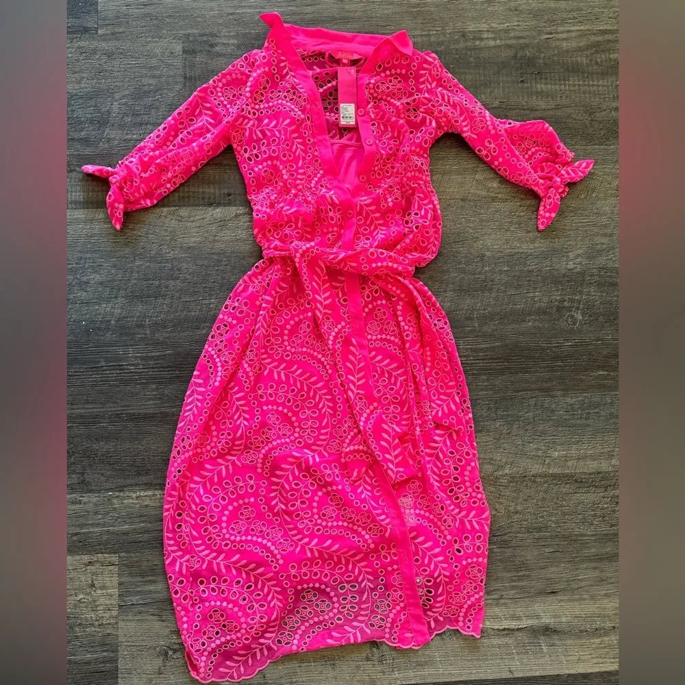 NWT $348 Lilly Pulitzer Amrita Midi Dress Pink Isle Swirly Fern Scalloped Eyelet - Image 5
