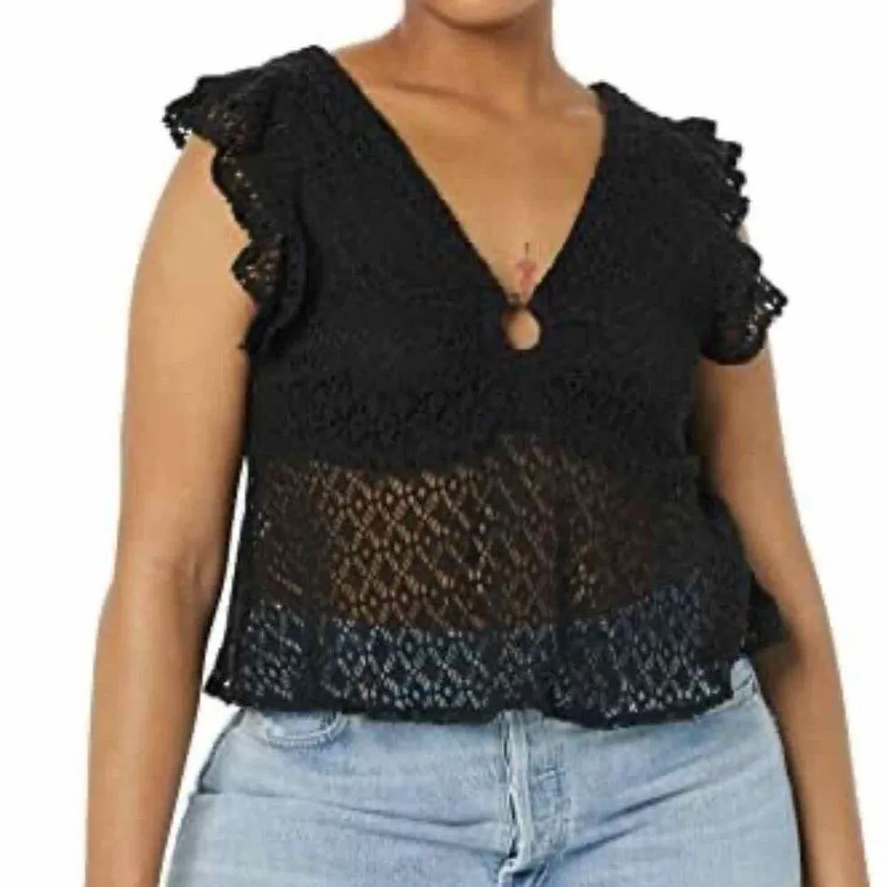 Steve Madden Keyhole Flutter Ruffles Sleeveless Top Size Medium Black - Image 7