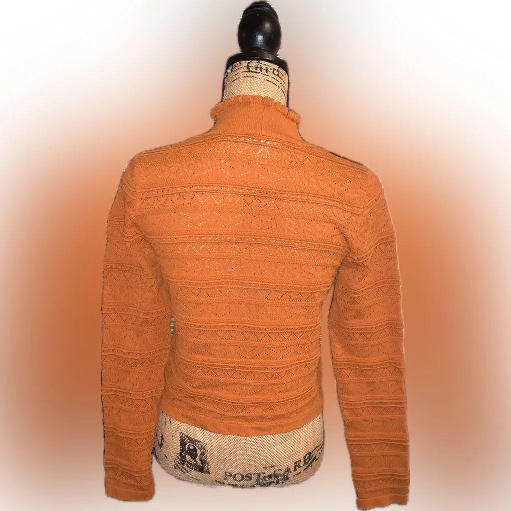 ASOS Rust Orange Boxy Stretch Knit Crochet Lace Like Frilly Turtleneck Texture 6 - Image 3