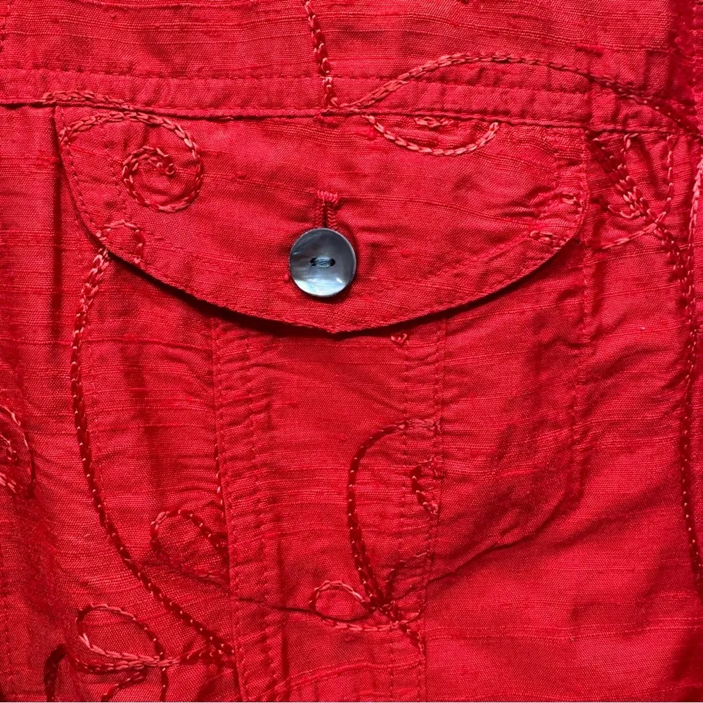 Chico’s Red 100% Silk Alicia Shirt Jacket Button Front w Embroidered Flowers 1/M - Image 9