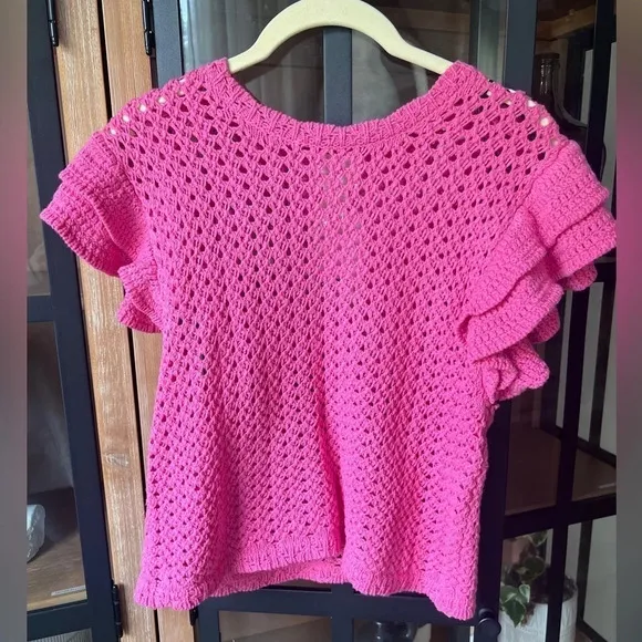 H&M crochet top Pointelle-knit blouse short flutter sleeves scalloped - Image 2