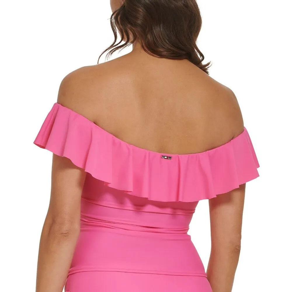 Tommy Hilfiger Pink Ruffled Off-The-Shoulder Removable-Strap Tankini Top XS - Image 2
