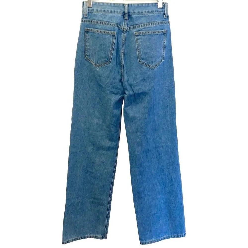 Womens High Rise Ripped Distressed Straight Leg Mom Jeans Blue‎ Small Blue - Image 4