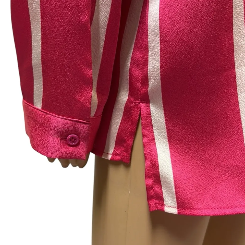 Investments Pink White Striped Satin Long Sleeve Split Neck Blouse Womens Medium - Image 4