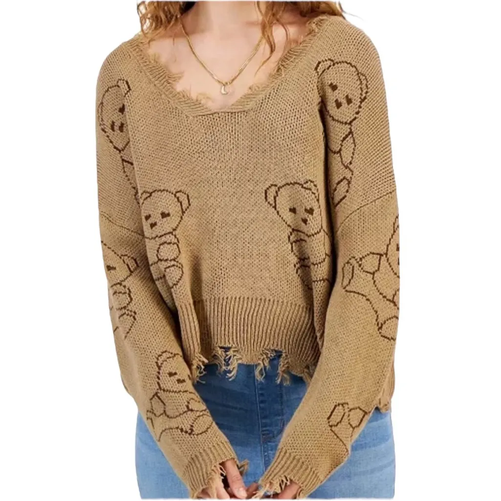 Just Polly Y2K Grunge Distressed Teddy Bear Sweater Brown Knit Womens Large - Image 4