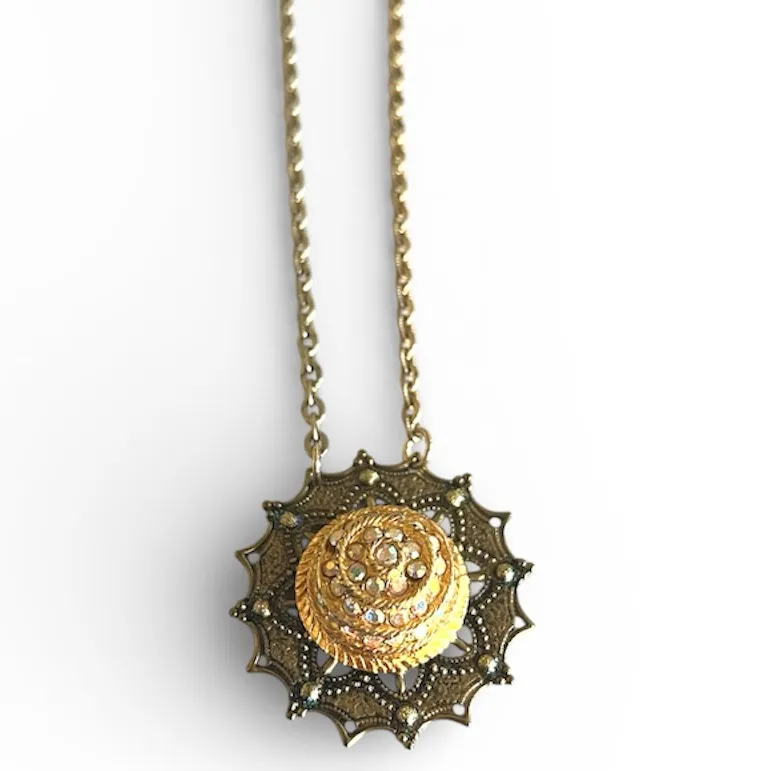 Artisan Crafted Starburst Rhinestone Dome Pendant Necklace Vintage Style NWT New Gold - Image 2