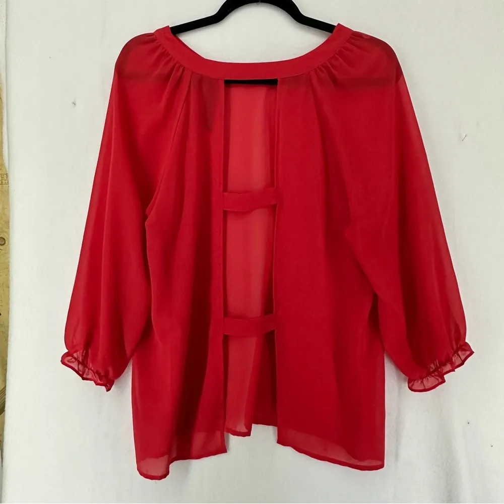 Petticoat Alley Womens Red Round Neck 3/4 Sleeves Pullover Open Blouse Size M - Image 4