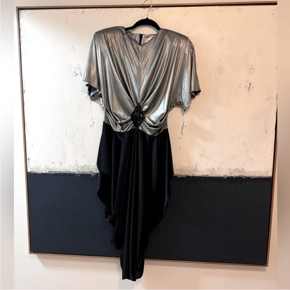 VTG 80s Indie Sleaze Art Deco Disco Silver & Over Drop Jersey Party Dress 12 Black Size 10 - Image 5