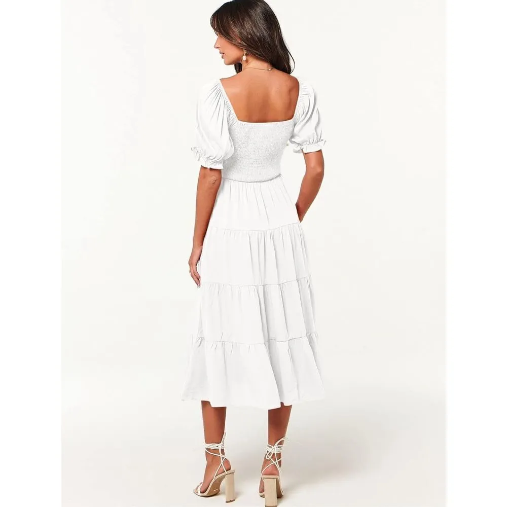NEW Midi Dress Puff Square Neck Smocked Tiered Beach Dress XL White - Image 3