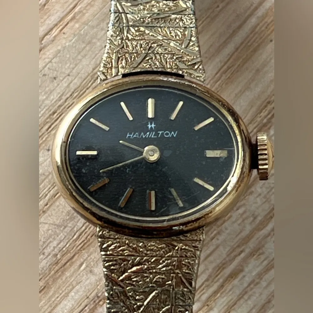 Hamilton Rare Vintage Mechanical Ladies Watch Black Oval Dial Gold Bracelet - Image 5