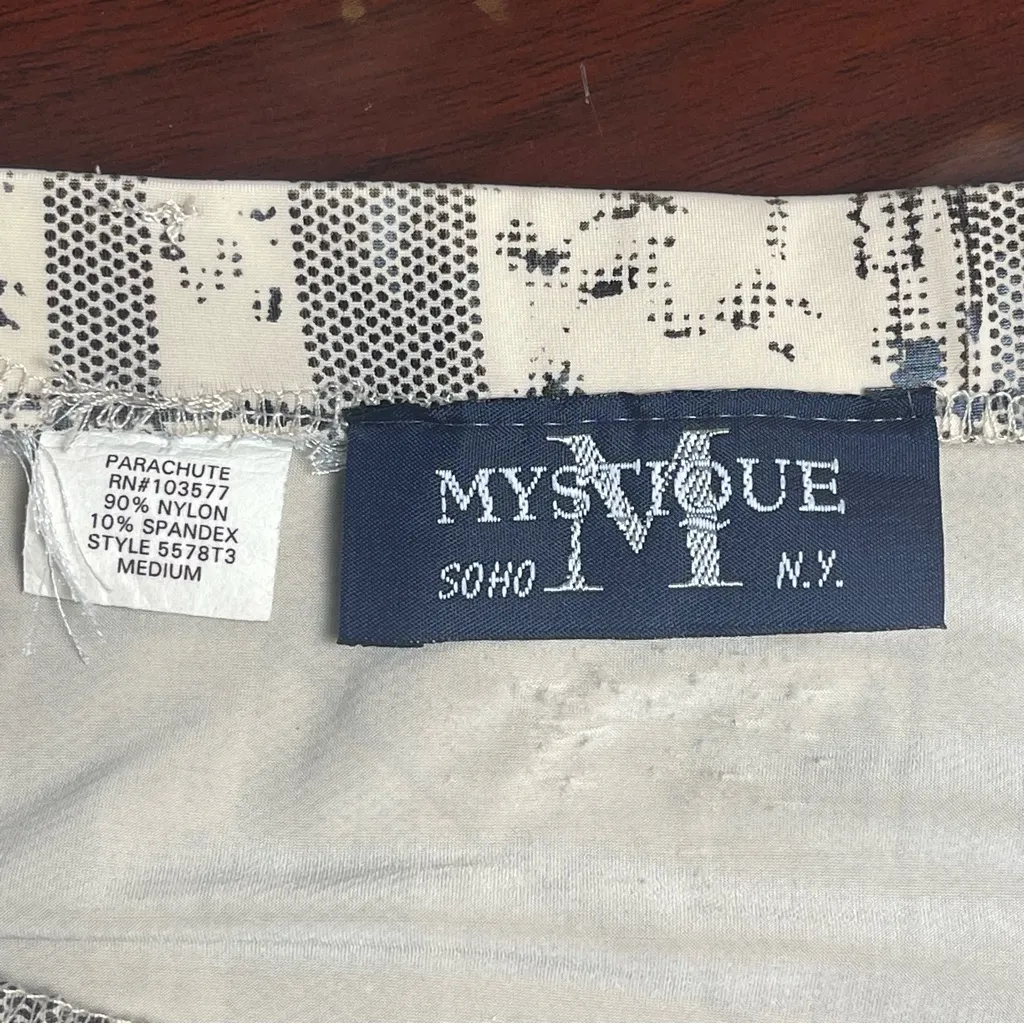Vintage Y2K Mystique Parachute Nylon stretchy A-Line Skirt Beige Geo Print Sz M - Image 11