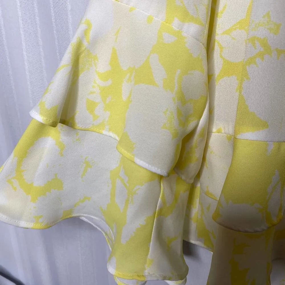 Worthington Long Sleeve Ruffle Keyhole Back Watercolor Blouse Yellow White XXL - Image 4