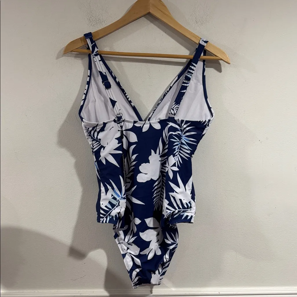 Navy and White Floral Swimsuit one piece removable padding medium NEW Blue - Image 3