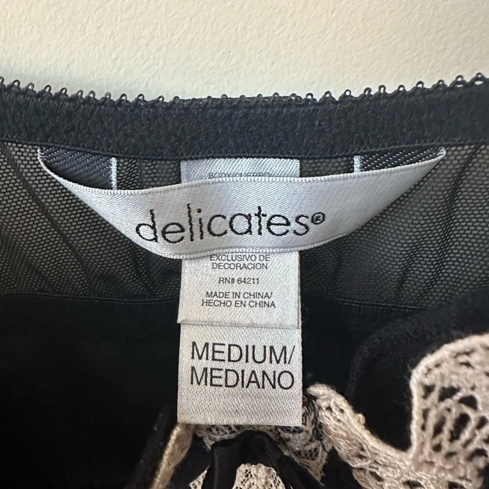 Delicates Babydoll Black Molded Cups w Cream Embroidery & Lace Mesh Skirt M - Image 3