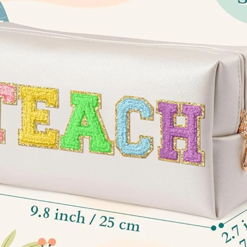 NEW TEACH Letter Makeup Bag Colorful TEACHER Chenille Letter Patch Cosmetic Bag White - Image 11