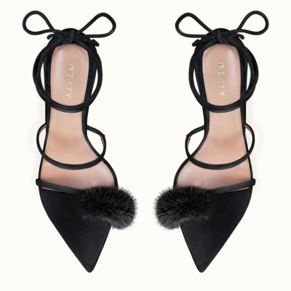 Fenty Scandal Lace Up Black Suede Fur Sandal with Fur Detail and Pointy Toe Size 6 - Image 2
