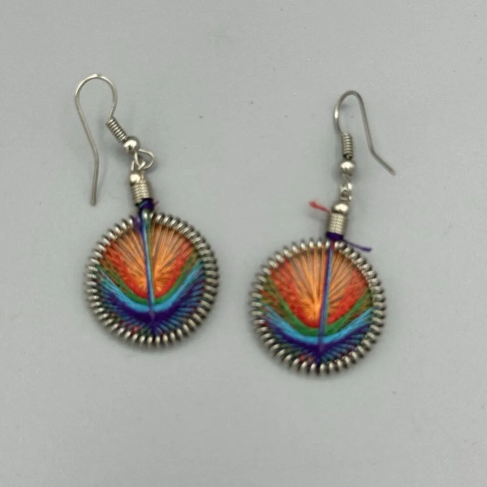 Dangle Thread Round Drop Earrings Pierced Multi Boho Rainbow Pride Dream Catcher Size 0 - Image 3