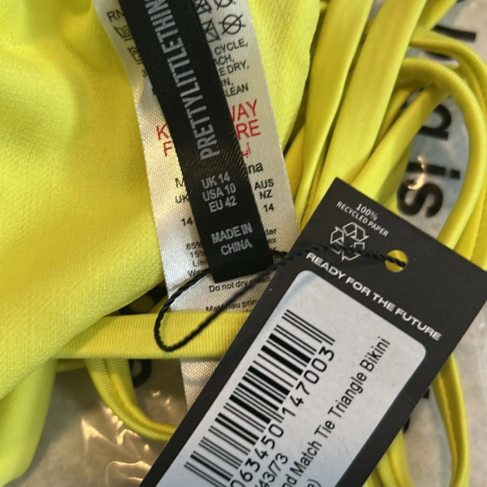 PrettyLittleThing Yellow Tie Triangle Bikini Top NWT US 10 - Image 4