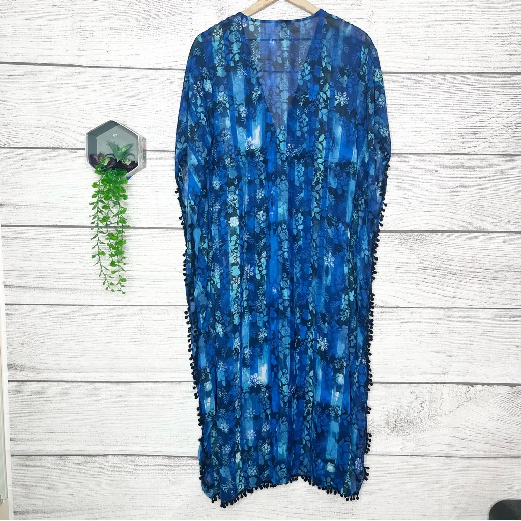 Blue Island Bohemian Blue Floral Swim Cover Up Beach Kaftan Kimono Size XS - Image 6