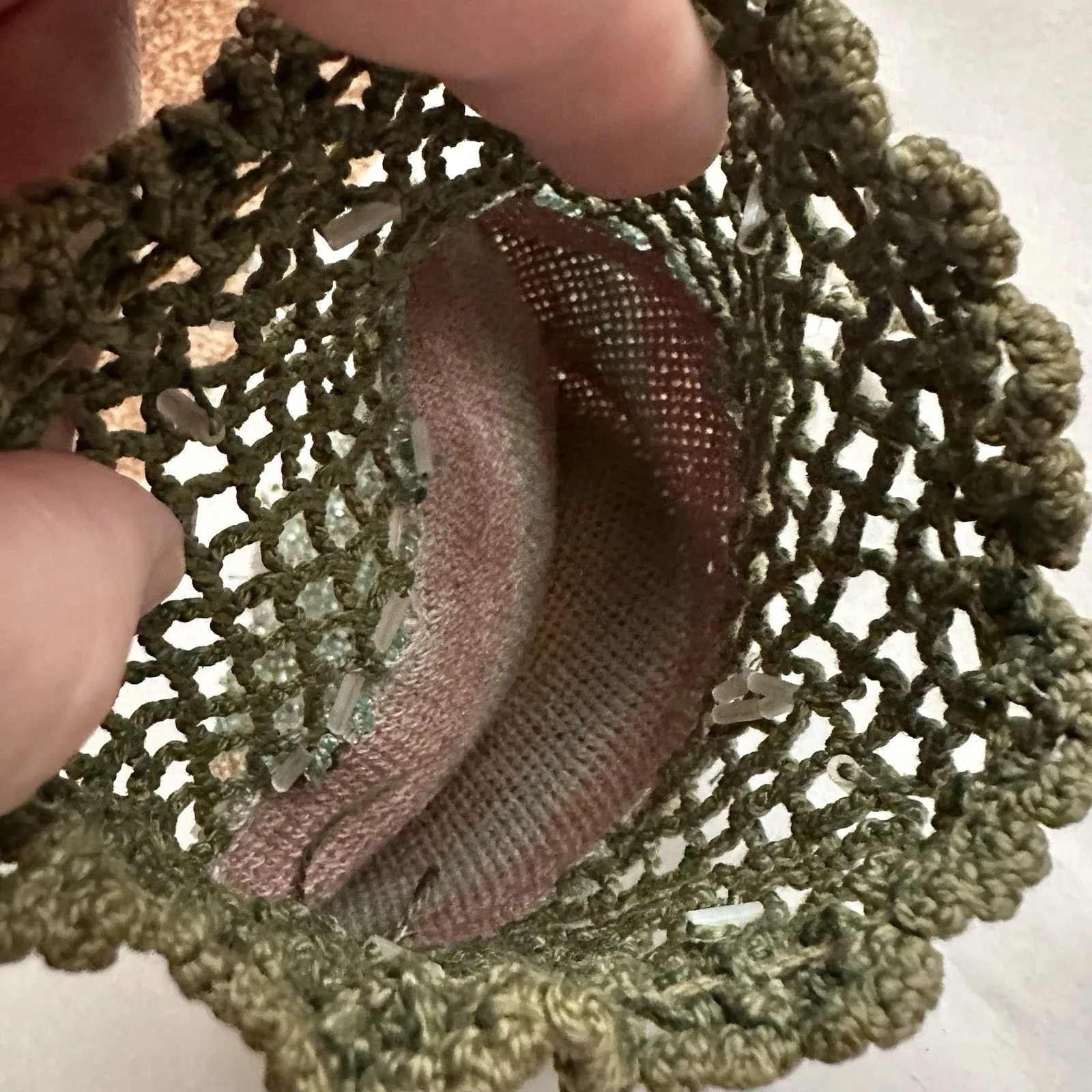 Antique VTG Micro Beaded & Crochet Drawstring Purse Sack Hand Bag - Image 3