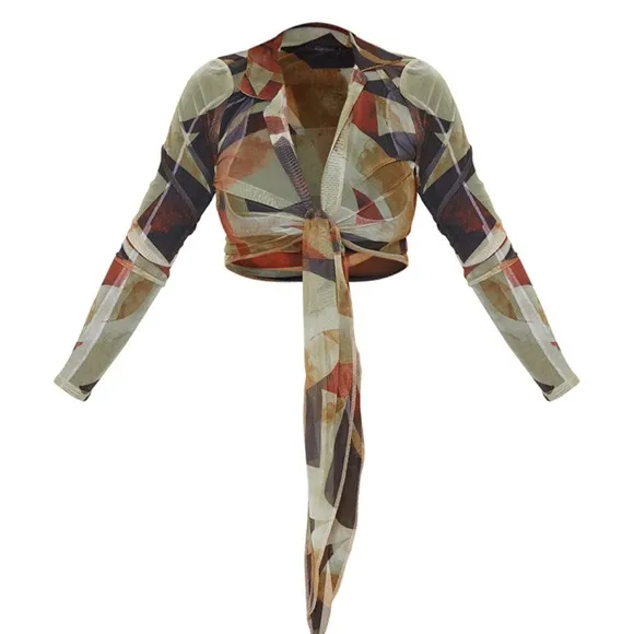 CHOCOLATE ABSTRACT PRINT PLUNGE TIE FRONT
LONG SLEEVE & wide leg pants set 0 NWT - Image 2