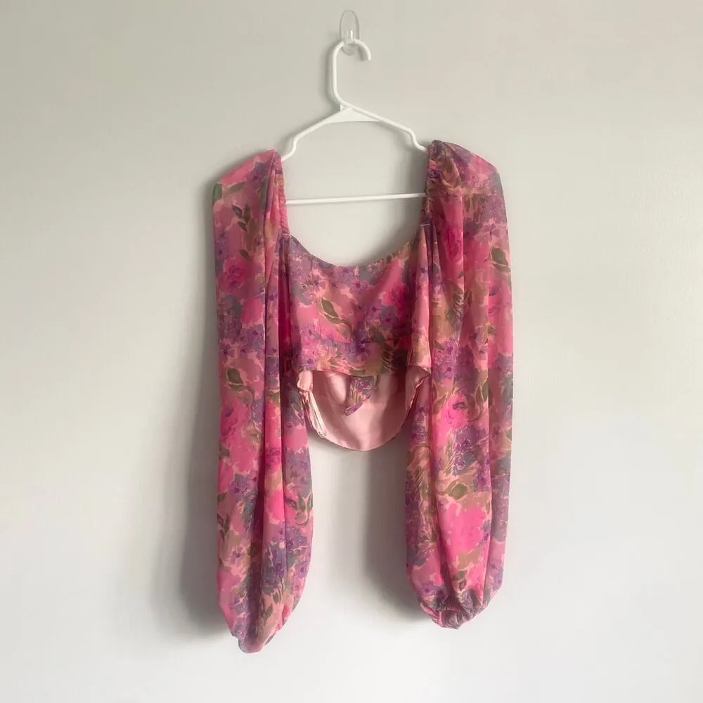 For Love & Lemons Trisha Crop Top Pink Multicolor Sweetheart Puff Sleeves Medium - Image 6