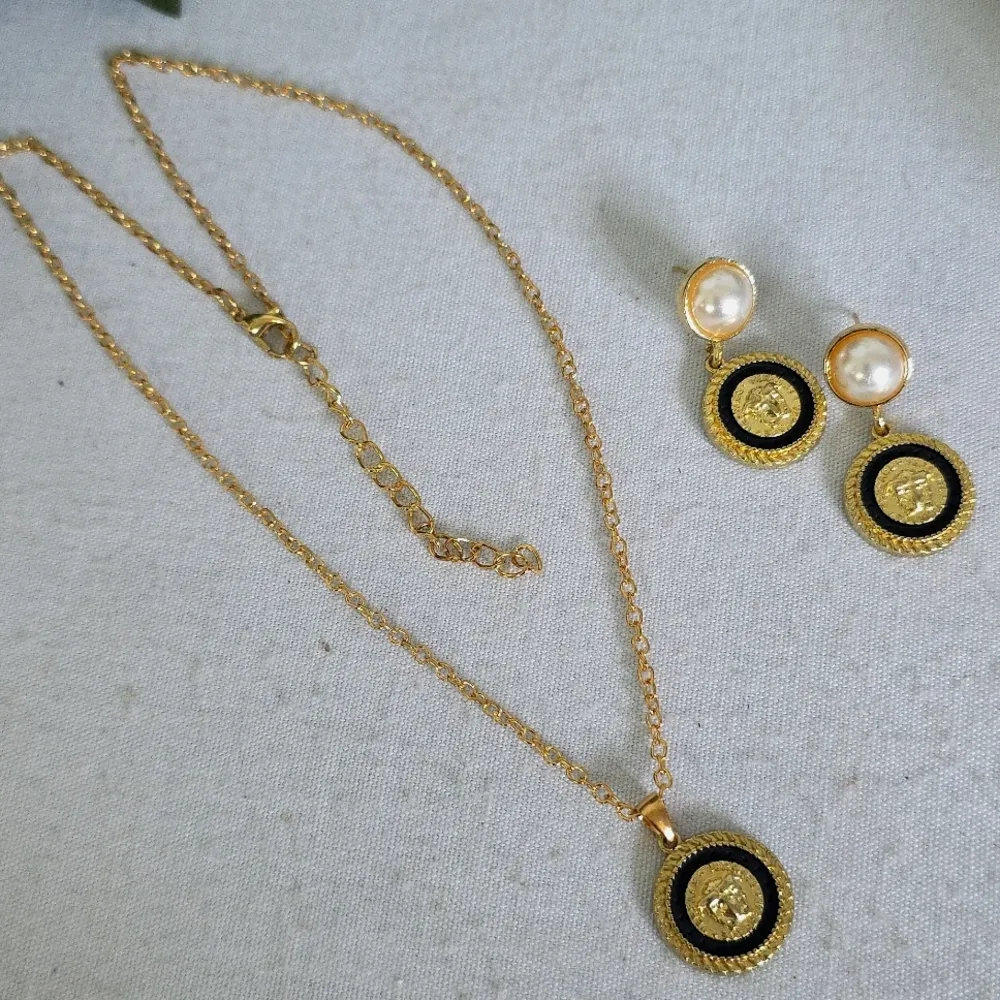 Gold Necklace with Earrings Set Medusa Pendant Matching Earrings - Image 2